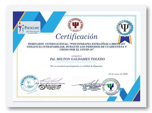 Certificado de Expositor Webinario Internacional