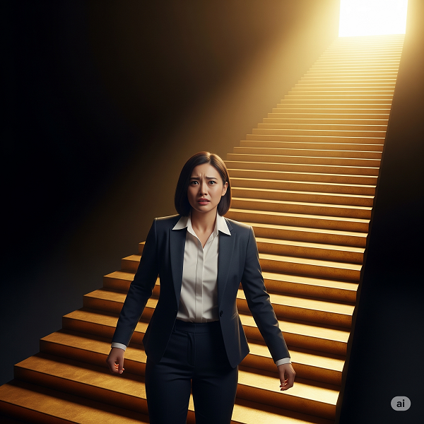 Terapia online para el miedo al éxito. Mujer con expresión de temor al pie de una escalera, simbolizando el miedo al éxito.