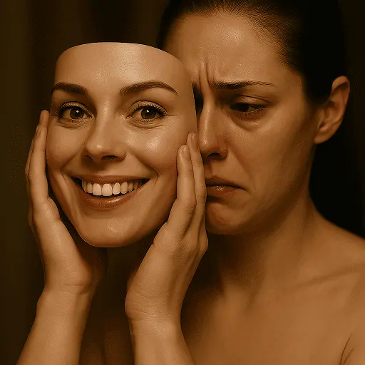 Terapia online para el trastorno afectivo bipolar Mujer con expresión de pera y una mascara contenta, representando el trastorno afectivo bipolar.