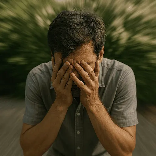 Terapia online para el trastorno por estrés postraumático Hombre con expresión de angustia recordando una experiencia traumática, representando el TEPT