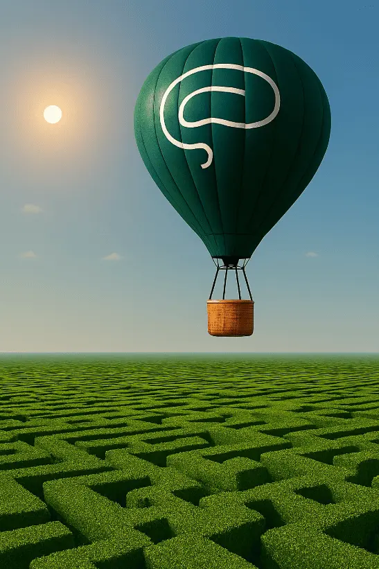 Terapia Breve Estratégica: Perspectiva Elevada sobre el Laberinto Interior Globo aerostático con el logo del psicólogo Milton Galdames Toledo (cerebral), estampado, flotando sobre un laberinto de pasto verde, bajo un cielo azul con sol cálido y vista horizonte.