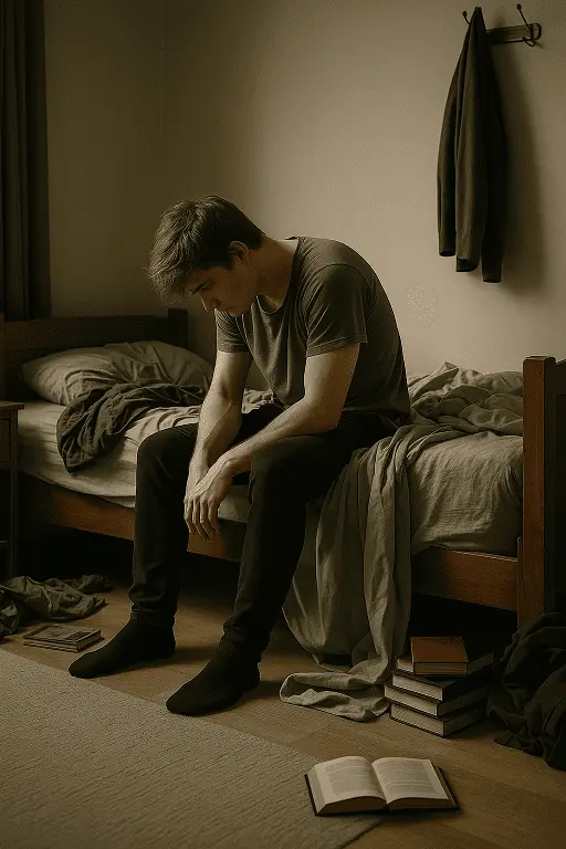 Terapia online para la depresión Joven sentado en una cama desecha, con la cabeza agachada y expresión triste, representando la depresión.