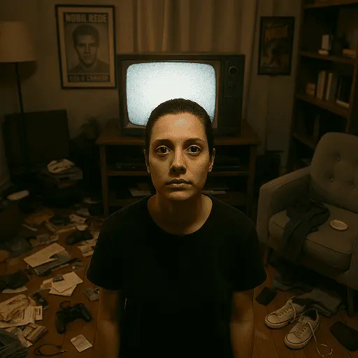 Desmotivación y apatía: Cuando la vida pierde su brillo Mujer joven con una mirada vacía, sentada en medio de un cuarto desordenado y oscuro con una televisión retro, simbolizando la apatía, el vacío emocional y la falta de motivación o desmotivación extrema.