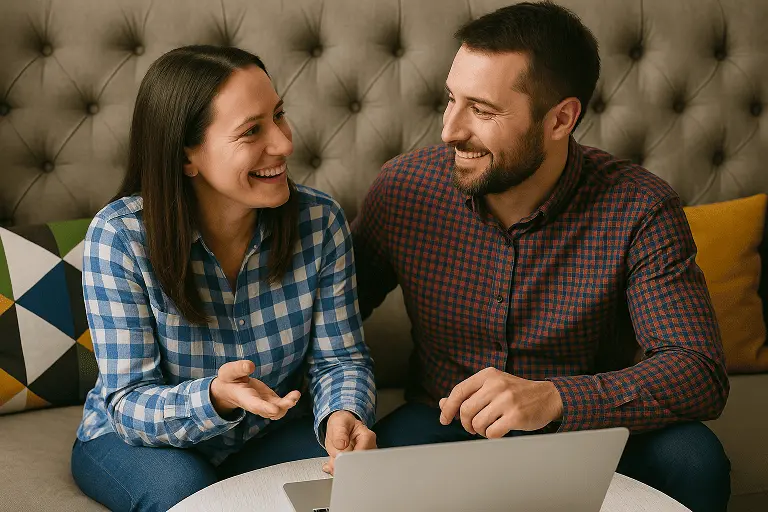 Recuperando la confianza y la intimidad Pareja sonriente y feliz sentada en un sofá, mirándose el uno al otro mientras usan una laptop. Simboliza la mejora de la comunicación y la intimidad en la pareja, que es clave para superar la disfunción eréctil.