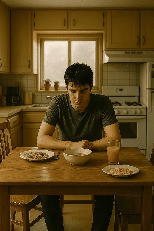 Cuando la tristeza es tu compañera de mesa Un hombre joven sentado en la mesa de su cocina con la cabeza gacha, frente a un desayuno sin tocar, simbolizando la falta de energía y el bajo estado de ánimo crónico de la distimia.