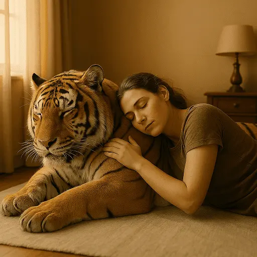Gestión de la ira: Domesticando al tigre interior Mujer joven acurrucada y durmiendo pacíficamente junto a un gran tigre, simbolizando la domesticación y el control de la ira y los impulsos agresivos.