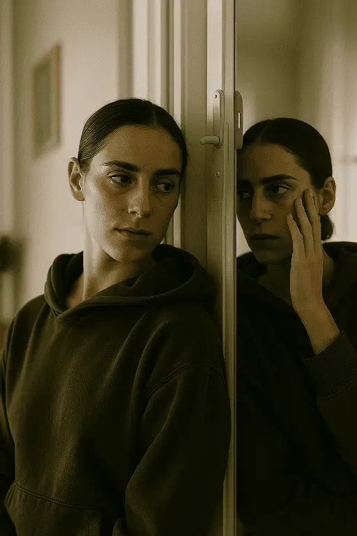 El reflejo de la desconfianza y el miedo Mujer joven con expresión de desconfianza y angustia, apoyada en una puerta con su reflejo en un espejo, simbolizando el aislamiento y la sospecha de la paranoia.