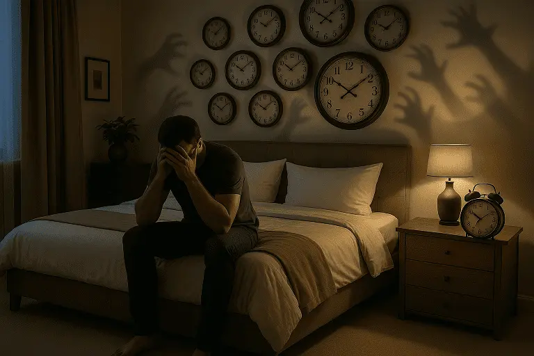 Ansiedad y TAG: El peso del tiempo y la preocupación Hombre preocupado sentado en el borde de la cama, sujetándose la cabeza con las manos, con un fondo de múltiples relojes y sombras de manos que simbolizan la ansiedad y la falta de tiempo.