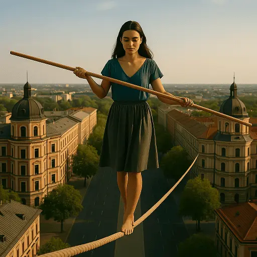 TLP: El difícil camino hacia el equilibrio emocional Mujer joven caminando descalza sobre una cuerda floja con una vara de equilibrio, sobre una ciudad, simbolizando la inestabilidad emocional y la lucha por el equilibrio en el Trastorno Límite de la Personalidad (TLP).